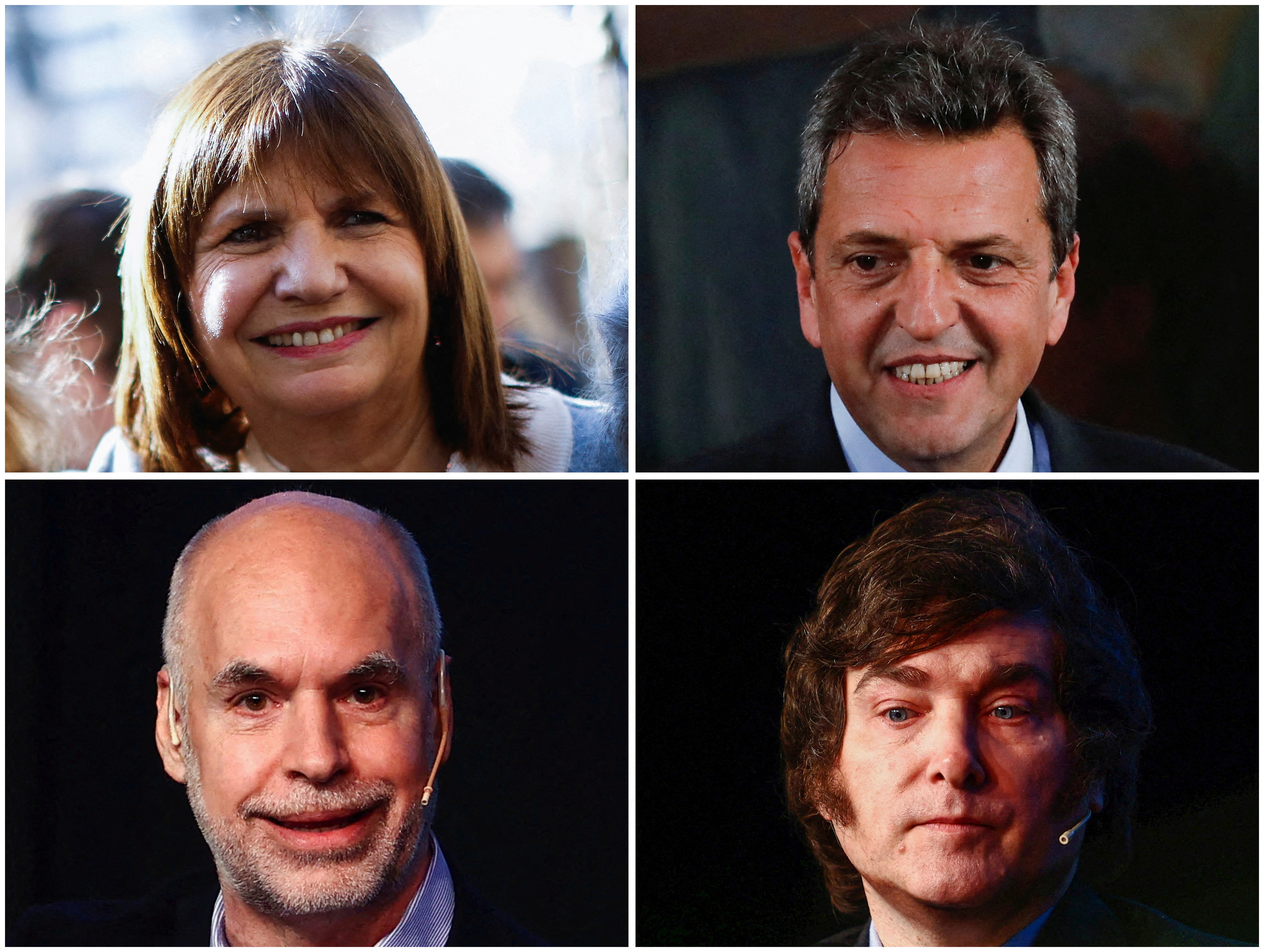 A combination picture shows Argentina's presidential pre-candidates Sergio Massa, Patricia Bullrich, Horacio Rodriguez Larreta, and candidate Javier Milei
