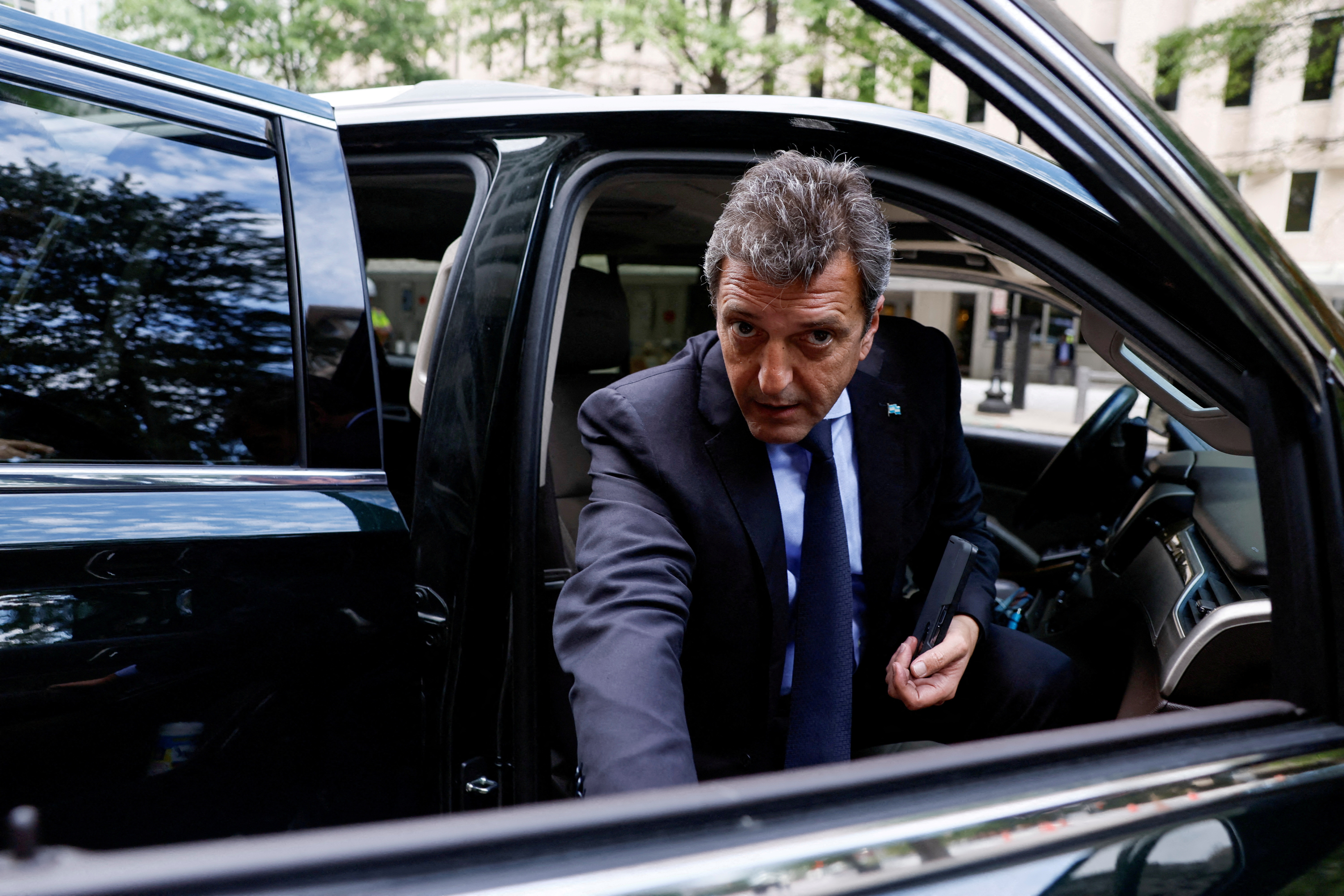 Argentina's Economy Minister Sergio Massa departs IMF headquarters in Washington