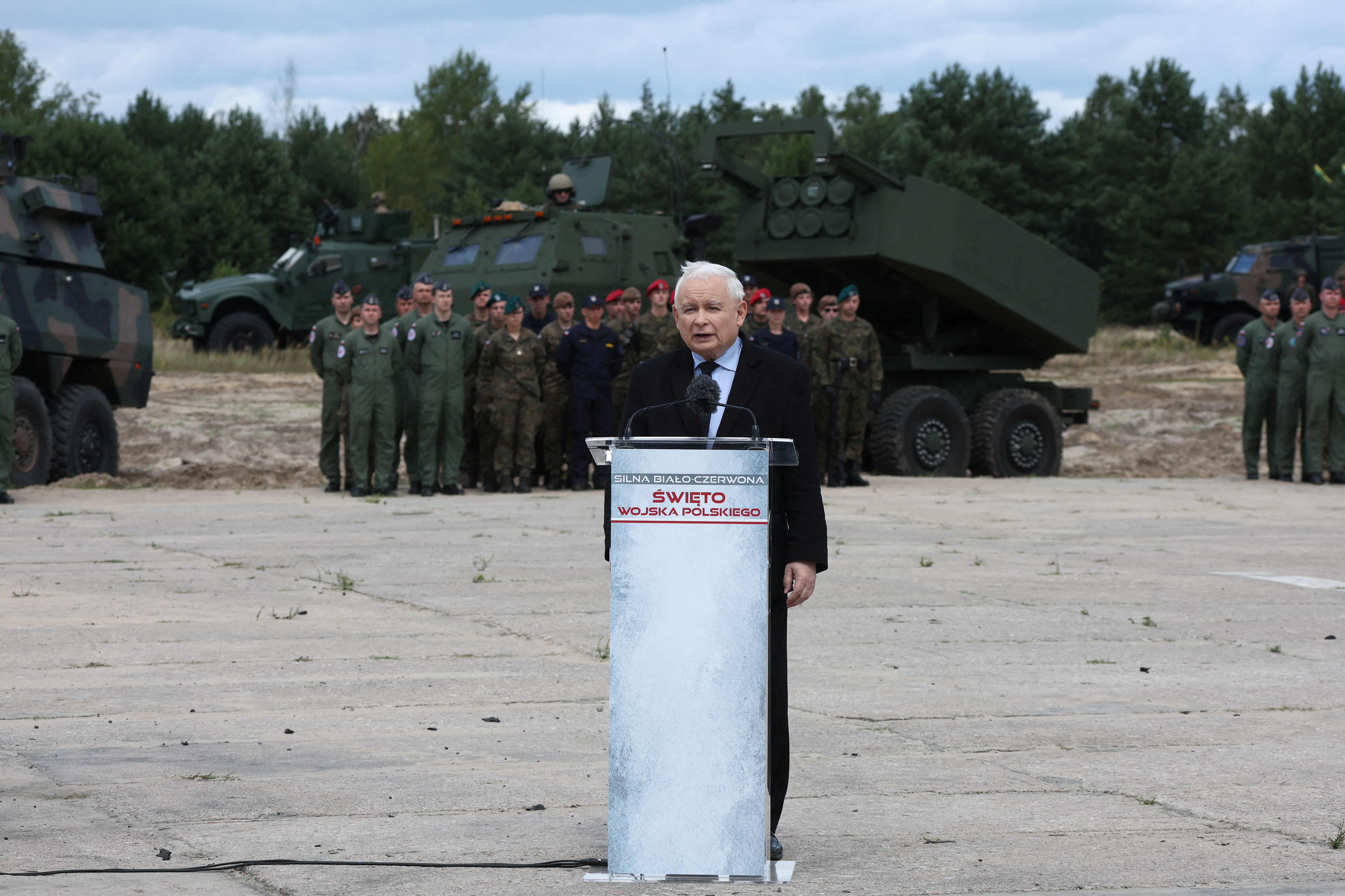 News conference a week before National Army Day Parade at Wesola military base, in Warsaw