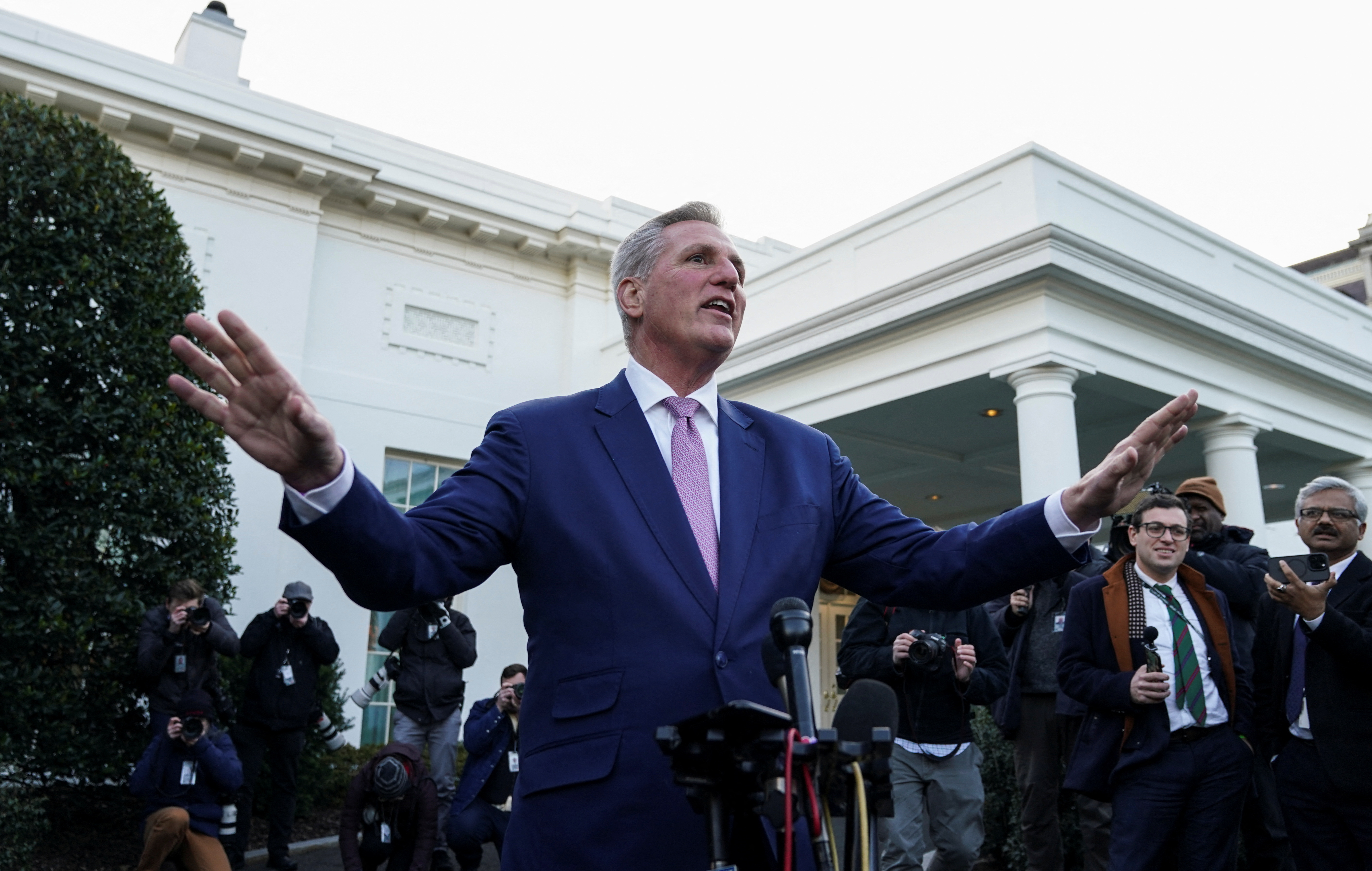 U.S. House Speaker McCarthy talks to reporters after meeting with President Biden at the White House in Washington