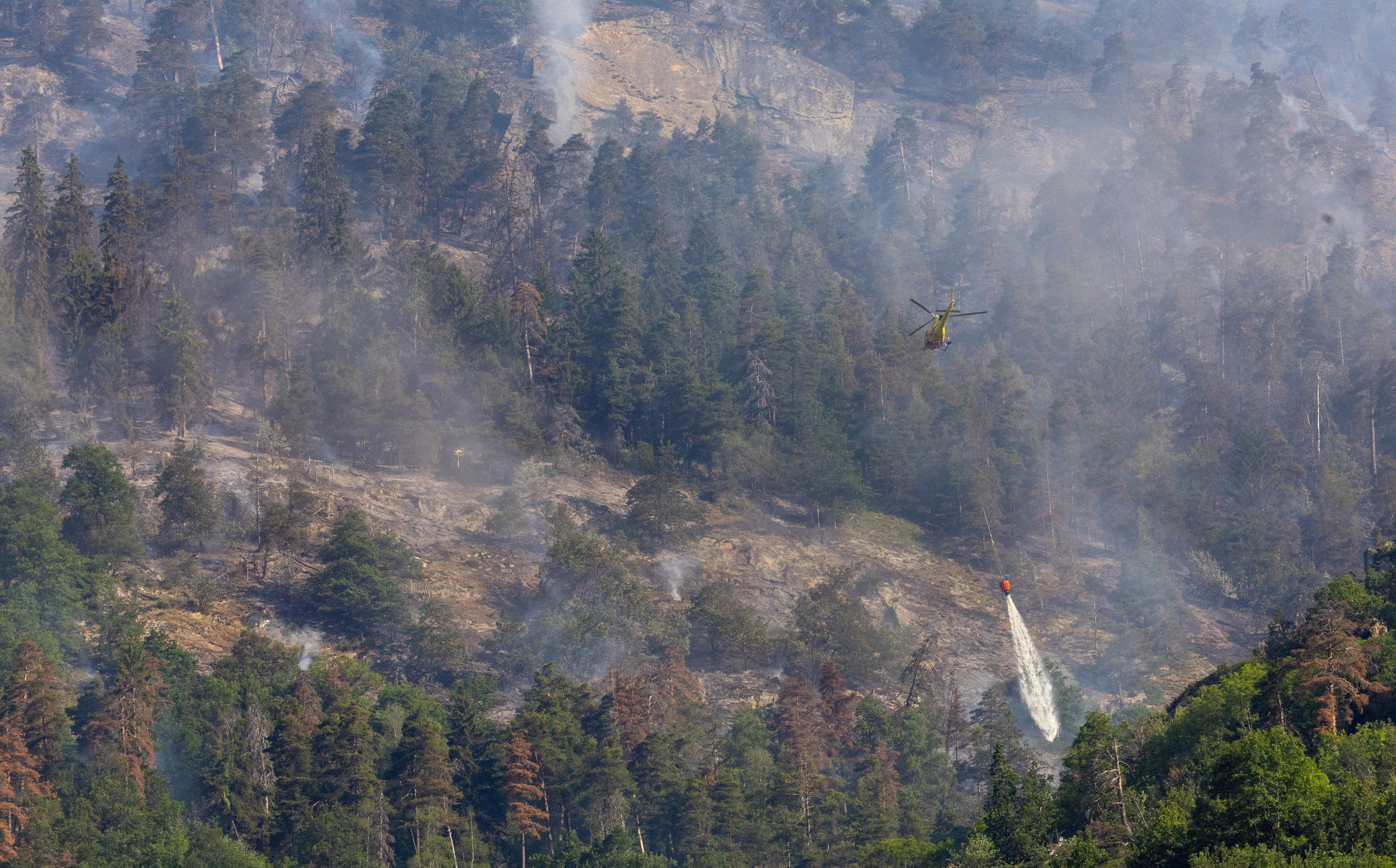 A wildfire spreads on the flank of a mountain in Bitsch
