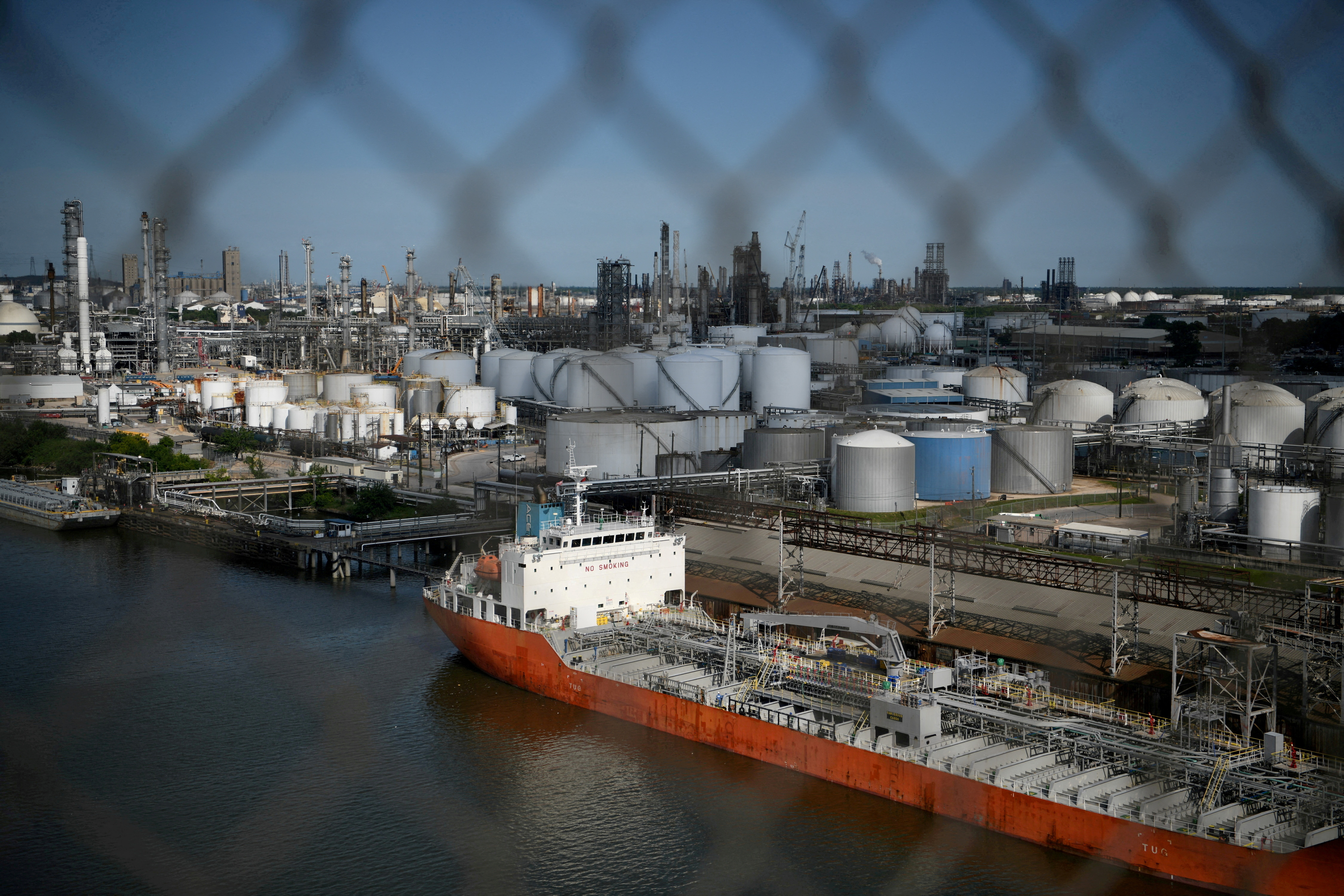 The Houston Ship Channel and adjacent refineries, part of the Port of Houston, are seen in Houston